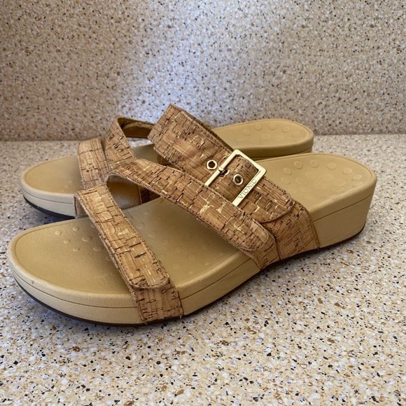 WOMENS VIONIC RIO ADJUSTABLE PLATFORM SANDAL LEATHER GOLD CORK SIZE 10 - Picture 1 of 12